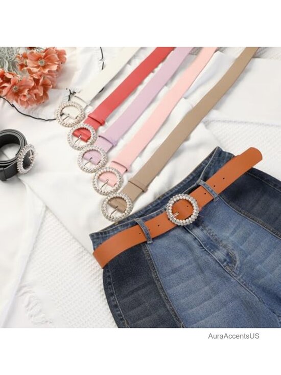 PU Faux Leather Rhinestone Pearl Belt for Dresses Pants main image 4